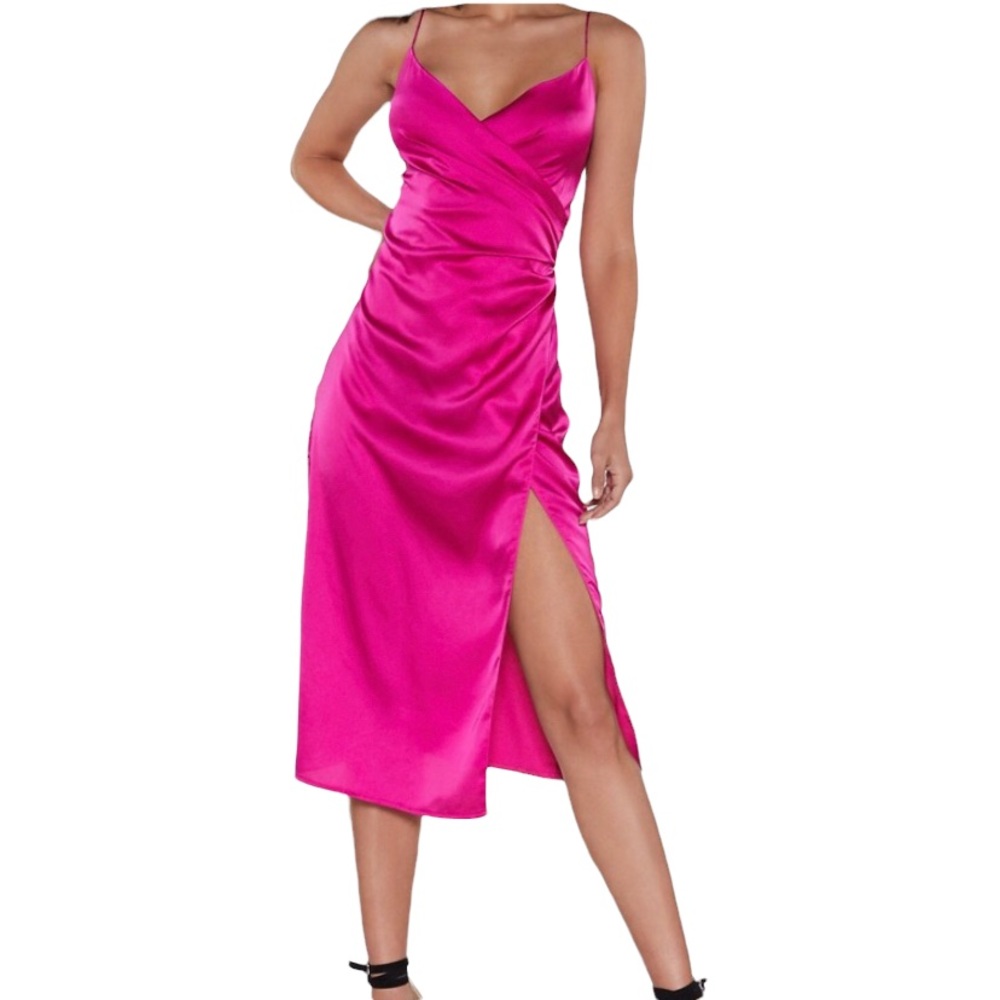 Nasty Gal fuchsia midi Hey Babe Wrap Satin Dress Size 18